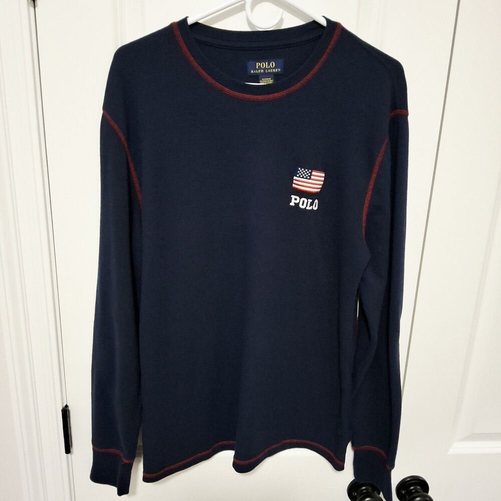 Polo Ralph Lauren Men's Waffle Knit Navy Blue American Flag Thermal Size Large